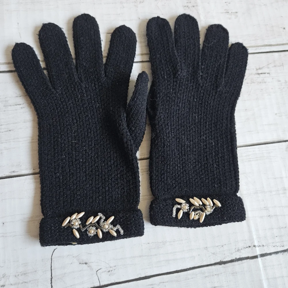 Vintage Black‎ Knit Gloves Beaded Embellishments